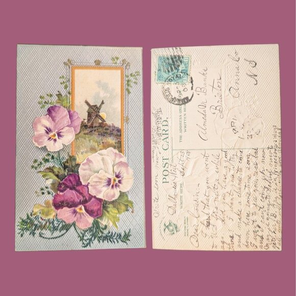 Vintage Postmarked 1908 Postcard Art Nouveau Pansy Windmill - Picture 1 of 2